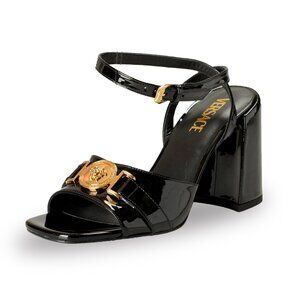 Versace Women's Gold Medusa & Black 100%Leather Heeled Sandals Shoes US 9 IT 39
